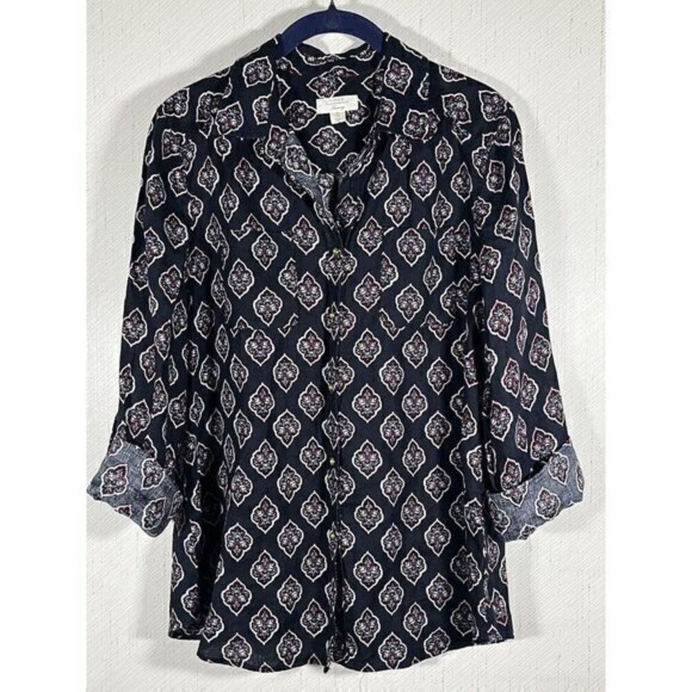 Charter Club Linen Shirt All Over Print Blue & Red Front Button Women’s Top M